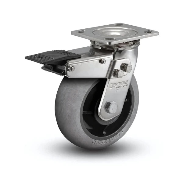 8" x 2" Stainless Performa Rubber (Round/Conductive) Precision Ball Bearing Caster with Total Lock - Heavy-Duty 4" x 4.5" Plate | D4.08109.555 COND BRK4 SS colson-header1