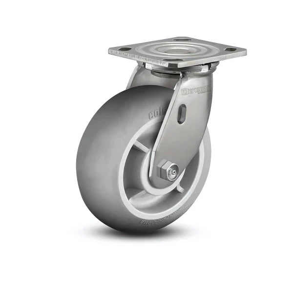 8" x 2" Stainless Steel Performa Rubber (Round) Precision Ball Bearing Caster with 4" x 4.5" Plate – Heavy-Duty Performance for Smooth Mobility in Industrial Applications | Model D4.08109.555 SS colson-header1
