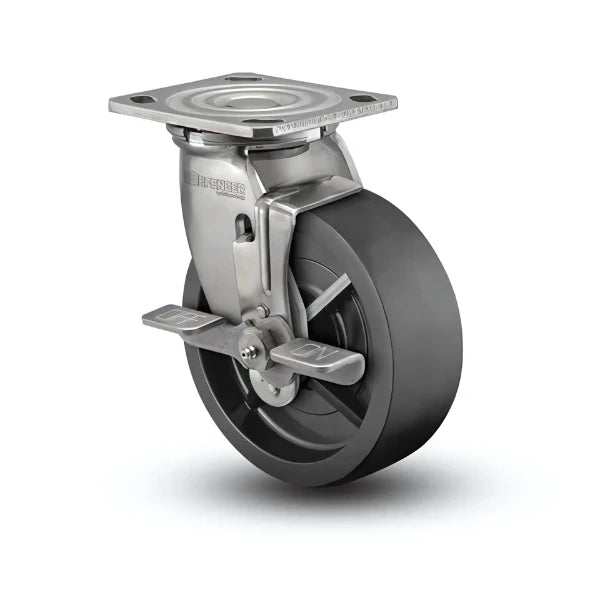 8" x 2" Stainless Polyolefin Delrin Bearing Side-Lock Caster with 4" x 4.5" Plate - Heavy-Duty Industrial Caster for Commercial Use - Model D4.08109.831 BRK7 SS colson-header