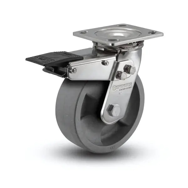 Stainless Steel 8"x2" HD Nylon Glass Filled Delrin Bearing Swivel Caster with Total Lock, 4"x4.5" Plate -  | CasterHQ