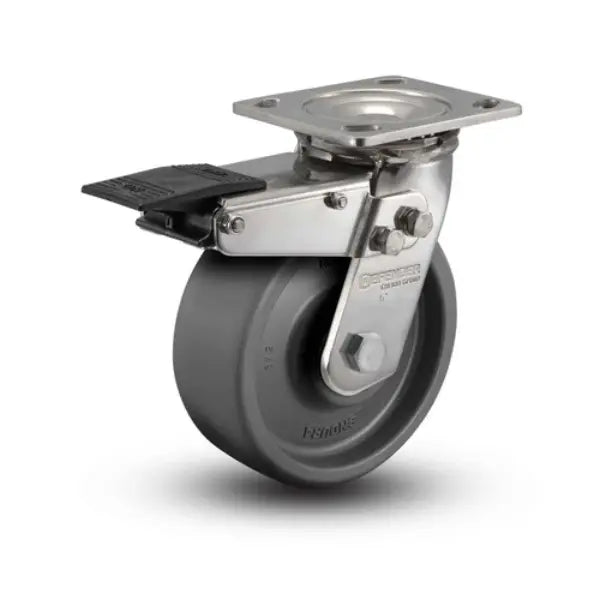 Colson Casters 8" x 2" Solid Elastomer Delrin Bearing Caster with Total Lock and 4" x 4.5" Plate - Durable Stainless Steel - SKU: D4.08109.831 EN BRK4 SS - Ideal for Industrial and Commercial Use -  | CasterHQ