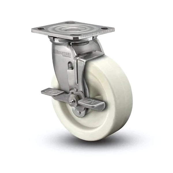 8" x 2" Stainless Steel Hi-Temp Retort Delrin Bearing Side-Lock Caster with 4" x 4.5" Plate – Heat-Resistant Industrial Caster D4.08109.831 RW BRK7 SS colson-header