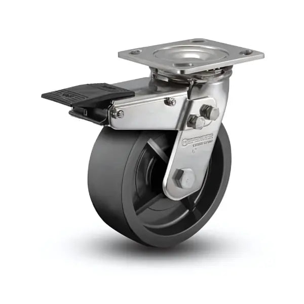 8" x 2" Stainless Steel Polyolefin Precision Ball Bearing Caster with Total Lock and 4" x 4.5" Plate - Heavy-Duty Industrial Caster for Commercial Use (D4.08109.835 BRK4 SS) -  | CasterHQ