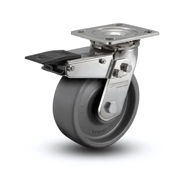 8" x 2" Stainless Steel Solid Elastomer Caster with Precision Ball Bearings and Total Lock – Durable 4" x 4.5" Plate for Industrial Use (Model D4.08109.835 EN BRK4 SS) colson-header