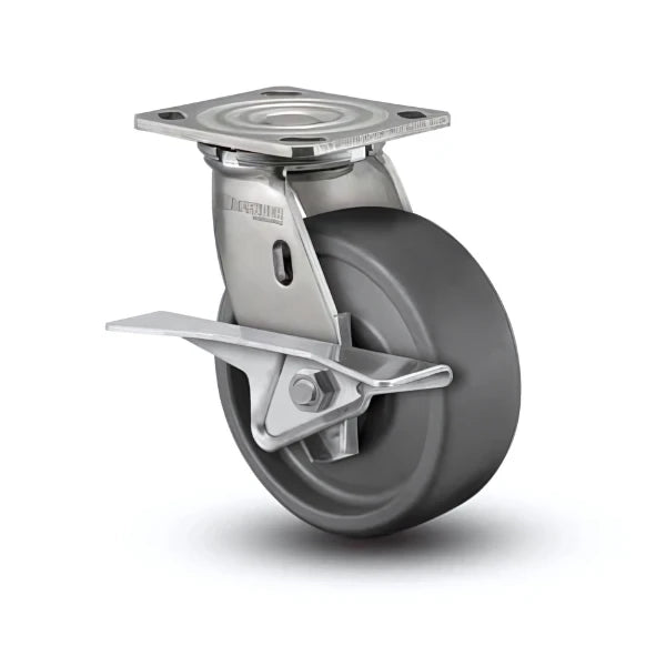 8" x 2" Stainless Solid Elastomer Roller Bearing CAM-Brake Caster - Heavy-Duty 4" x 4.5" Plate for Industrial and Warehouse Applications - D4.08109.839 EN BRK3 SS WB29 colson-header