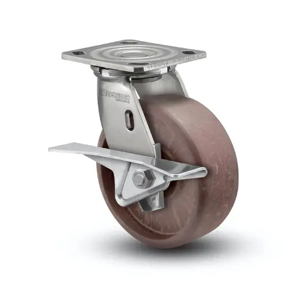 Stainless Steel 8"x2" Thermo Hi-Temp Roller Bearing CAM-Brake Swivel Caster with 4"x4.5" Plate -  | CasterHQ
