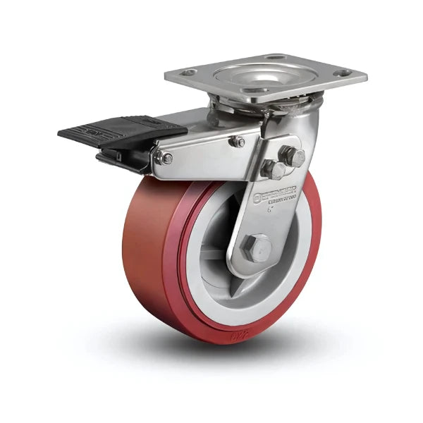 8" x 2" Stainless Steel HI-TECH Polyurethane Caster with Delrin Bearing and Total Lock - Durable Heavy-Duty Solution for Equipment and Furniture - D4.08109.921 BRK4 SS colson-header