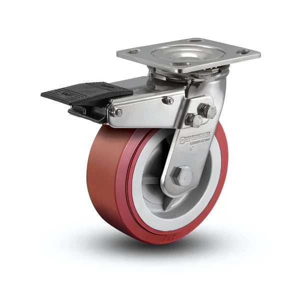 8" x 2" Stainless Steel HI-TECH Polyurethane Caster with Total Lock | Precision Ball Bearing | 4" x 4.5" Plate - D4.08109.925 BRK4 SS colson-header