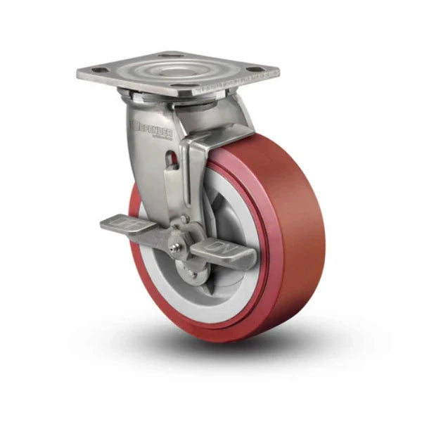 Colson Casters Stainless 8" x 2" HI-TECH Polyurethane Precision Ball Bearing Top-Lock Caster - 4" x 4.5" Plate - SKU: D4.08109.925 BRK7 SS colson-header