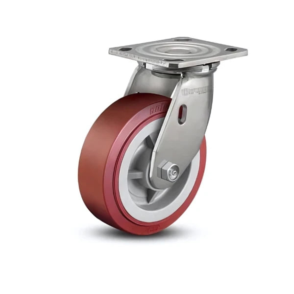 8" x 2" Stainless Steel HI-TECH Polyurethane Precision Ball Bearing Caster with 4" x 4.5" Plate - Heavy-Duty Mobility Solution for Industrial and Commercial Applications - D4.08109.925 SS colson-header