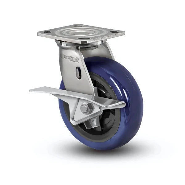 8" x 2" Stainless Steel CAM-Brake Caster with Polyurethane Wheel - Heavy-Duty Roller Bearing for Industrial Use - D4.08109.929 EG BRK3 SS WB29 colson-header