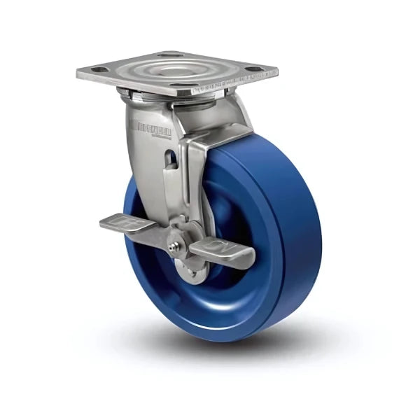 8" x 2" Stainless Steel Caster with Solid Polyurethane Wheel and Delrin Bearing - Side-Lock Design for Heavy-Duty Applications (4" x 4.5" Plate) - D4.08109.931 KW BRK7 SS colson-header
