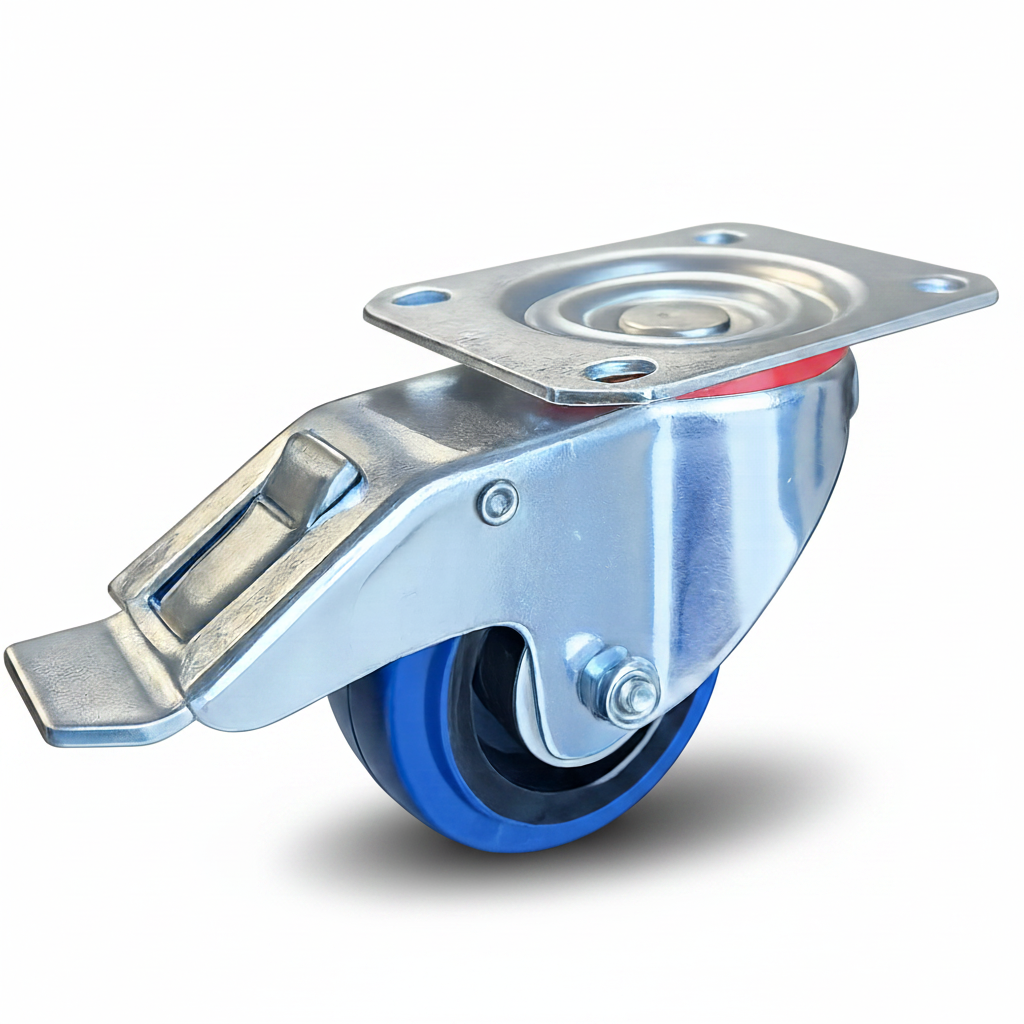Colson Elastique E322RB-SWB 3 inch blue rubber swivel caster with total lock brake — 220 lb capacity, locks wheel and swivel together