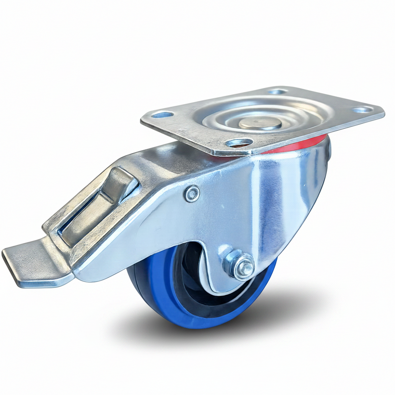 Colson Elastique E322RB-SWB 3 inch blue rubber swivel caster with total lock brake — 220 lb capacity, locks wheel and swivel together
