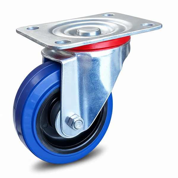 Colson Elastique E422RB 4 inch x 1-1/4 inch blue elastic rubber swivel caster, 330 lb capacity, plate-mount, non-marking