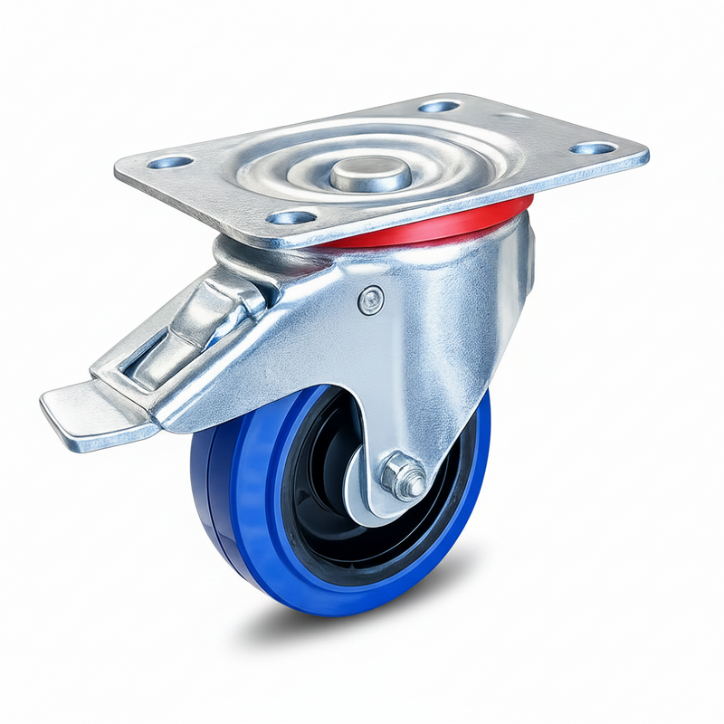 Colson Elastique E422RB-SWB 4 inch x 1-1/4 inch blue elastic rubber swivel caster with total lock brake, 330 lb capacity