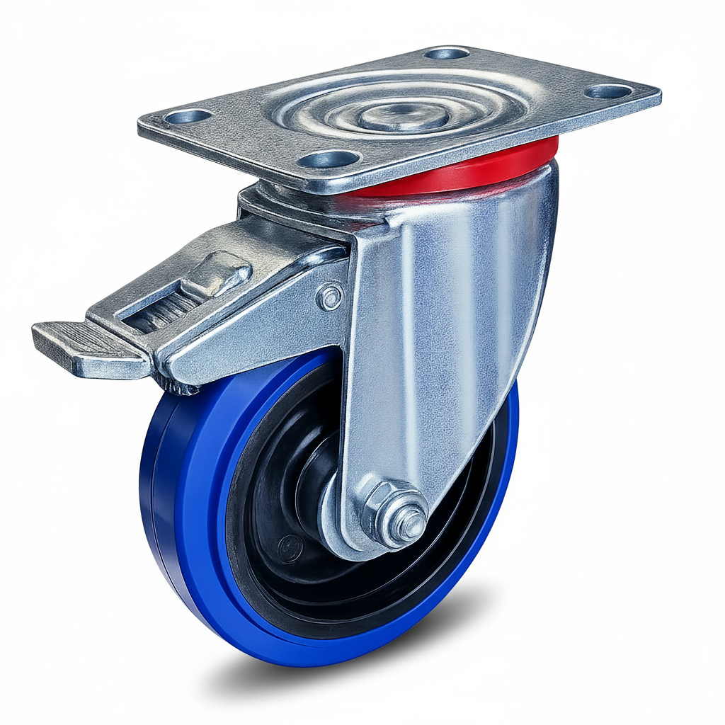 Colson Elastique E522RB-SWB 5 inch blue rubber swivel caster with total lock brake — 440 lb capacity, locks wheel and swivel together