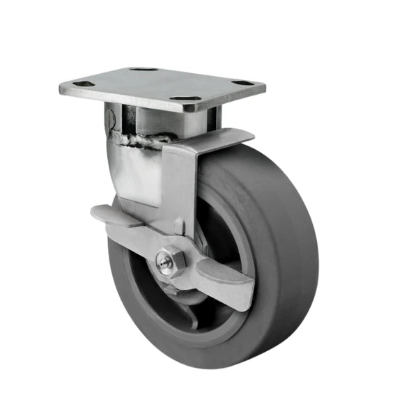 Faultless Medical 4" x 2" Grey Rubber Stainless Steel Swivel Caster with Face Brake - 4" x 4-1/2" Top Plate, 400 lbs Capacity | SKU: 120XS04201SFBD Faultless