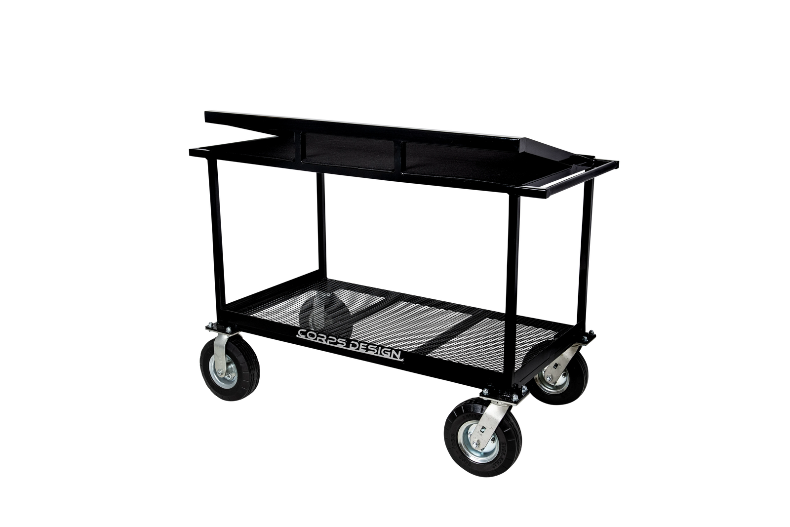 Corps Design Bell Kit Cart - 42" x 24" Percussion Transport Cart with Accessory Rail and Carpeted Deck (FCBELL) Corps Design Logo - We Move Music
