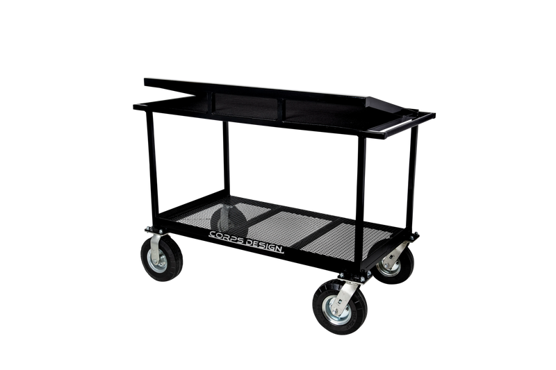 Corps Design Bell Kit Cart - 42" x 24" Percussion Transport Cart with Accessory Rail and Carpeted Deck (FCBELL) Corps Design Logo - We Move Music