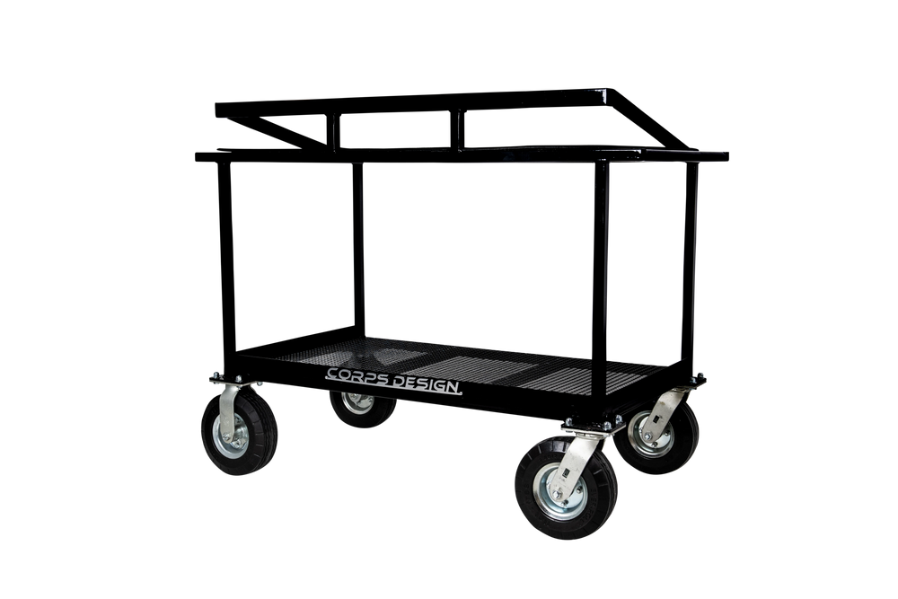 Corps Design Bell Kit Cart - 42" x 24" Percussion Transport Cart with Accessory Rail and Carpeted Deck (FCBELL) Corps Design Logo - We Move Music