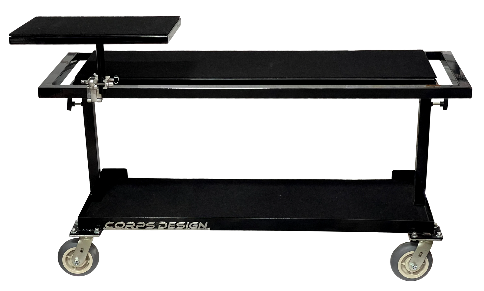 Corps Design Adjustable Height Cart for Mallet Station with Laptop Table, Mallet Holders, and Cable Management - FCMALLET Corps Design Logo - We Move Music