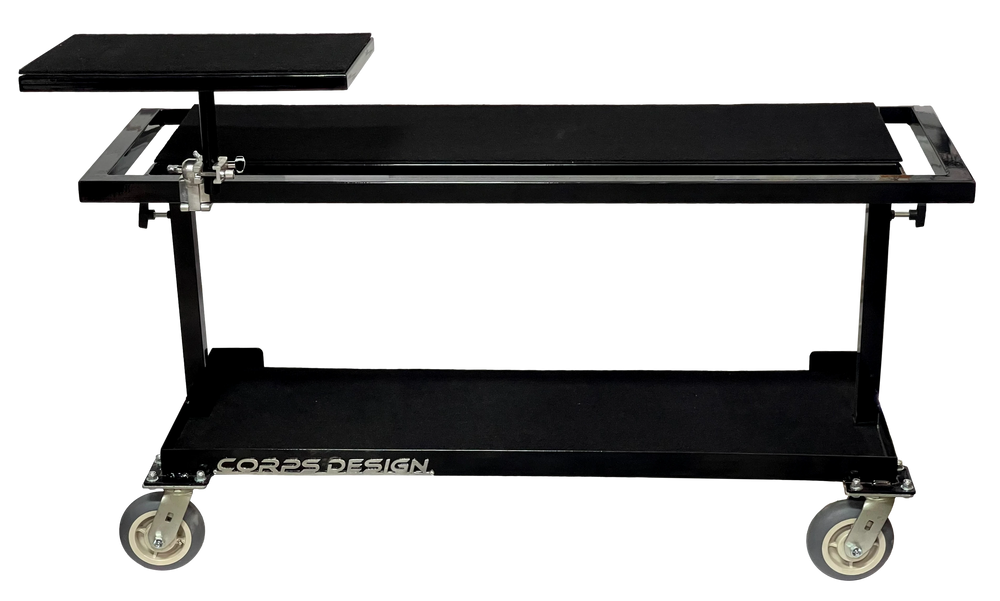 Corps Design Adjustable Height Cart for Mallet Station with Laptop Table, Mallet Holders, and Cable Management - FCMALLET Corps Design Logo - We Move Music