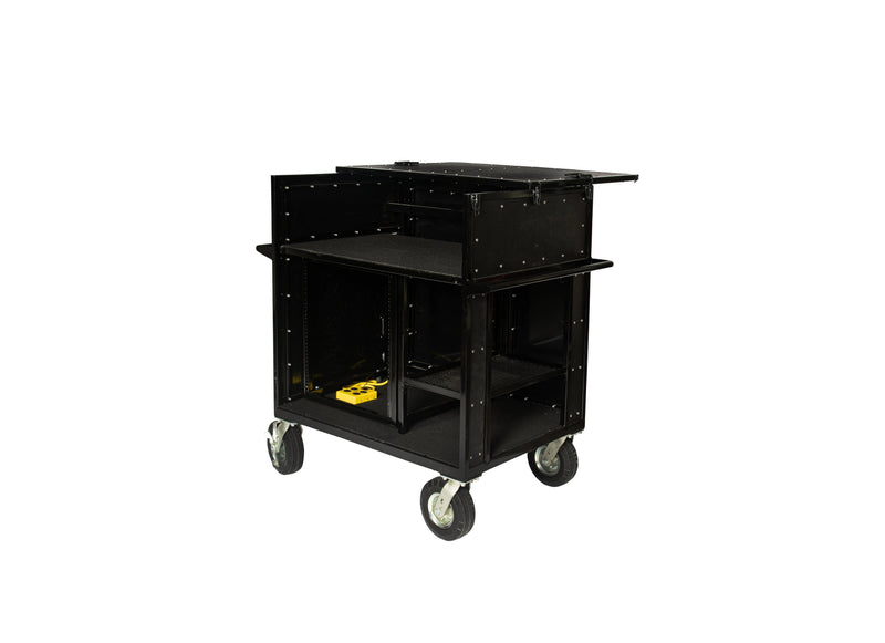 Corps Design Standard Mixer Cart - FCMIX12 | 12U Shock-Mount Rack Space, Side Access Storage, 8" Super Casters, Custom I/O Plate, AC Power | Durable, Ergonomic, Impact-Resistant Transport Solution Corps Design Logo - We Move Music