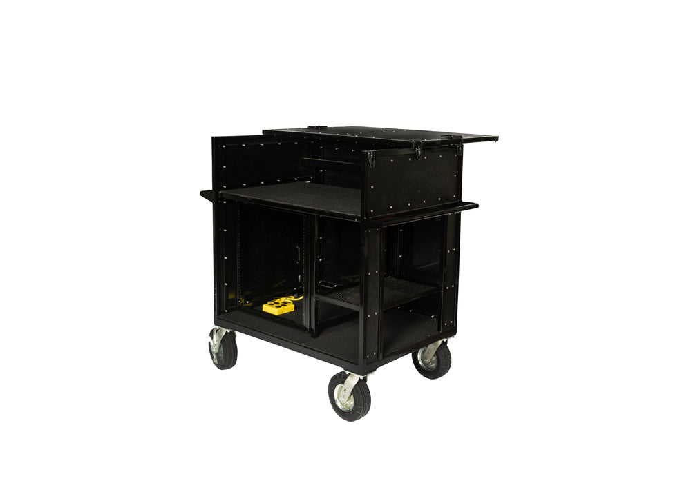 Corps Design Standard Mixer Cart - FCMIX12 | 12U Shock-Mount Rack Space, Side Access Storage, 8" Super Casters, Custom I/O Plate, AC Power | Durable, Ergonomic, Impact-Resistant Transport Solution Corps Design Logo - We Move Music