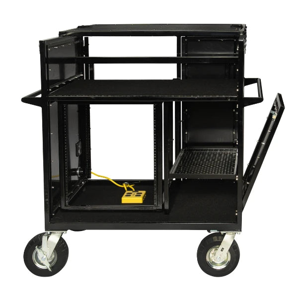 Corps Design Standard Mixer Cart - FCMIX12 | 12U Shock-Mount Rack Space, Side Access Storage, 8" Super Casters, Custom I/O Plate, AC Power | Durable, Ergonomic, Impact-Resistant Transport Solution Corps Design Logo - We Move Music