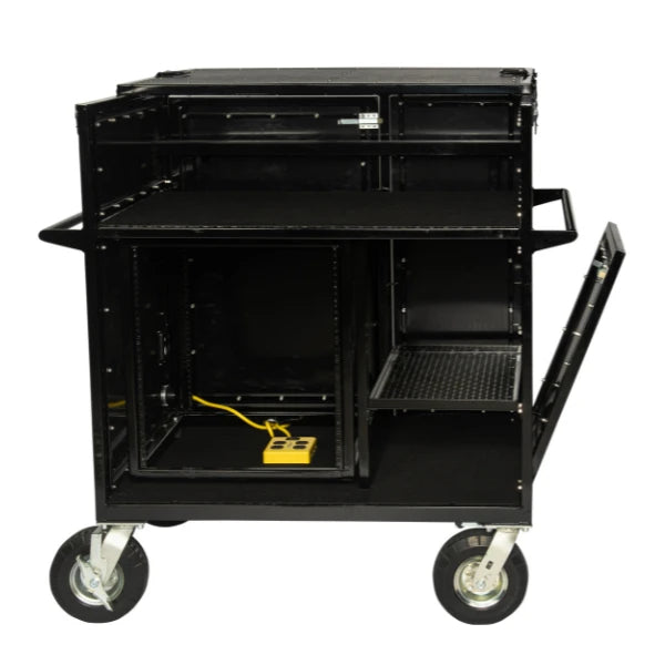 Corps Design Standard Mixer Cart - FCMIX12 | 12U Shock-Mount Rack Space, Side Access Storage, 8" Super Casters, Custom I/O Plate, AC Power | Durable, Ergonomic, Impact-Resistant Transport Solution Corps Design Logo - We Move Music