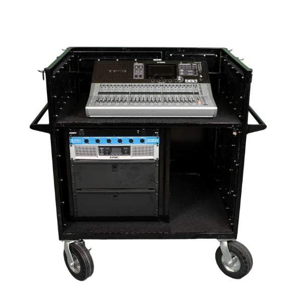 Corps Design Standard Mixer Cart - FCMIX12 | 12U Shock-Mount Rack Space, Side Access Storage, 8" Super Casters, Custom I/O Plate, AC Power | Durable, Ergonomic, Impact-Resistant Transport Solution Corps Design Logo - We Move Music