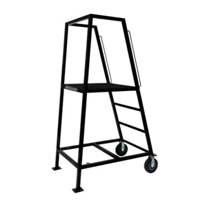 Corps Design "Elevate" Podium - 4' x 30" x 30", 2-Wheel, Safety Railing, Skid Guard, Black Satin Powder Coat - FCPOD4.2 Corps Design Logo - We Move Music