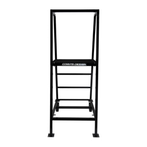 Corps Design "Elevate" Podium - 4' x 30" x 30", 2-Wheel, Safety Railing, Skid Guard, Black Satin Powder Coat - FCPOD4.2 Corps Design Logo - We Move Music
