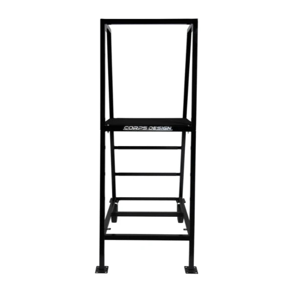 Corps Design "Elevate" Podium - 4' x 30" x 30", 2-Wheel, Safety Railing, Skid Guard, Black Satin Powder Coat - FCPOD4.2 Corps Design Logo - We Move Music