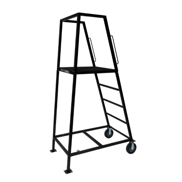 Corps Design "Elevate" Podium - 5' x 30" x 30", 2-Wheel, Black Satin Powder Coat, Safety Railing with Skid Guard - FCPOD5.2 Corps Design Logo - We Move Music