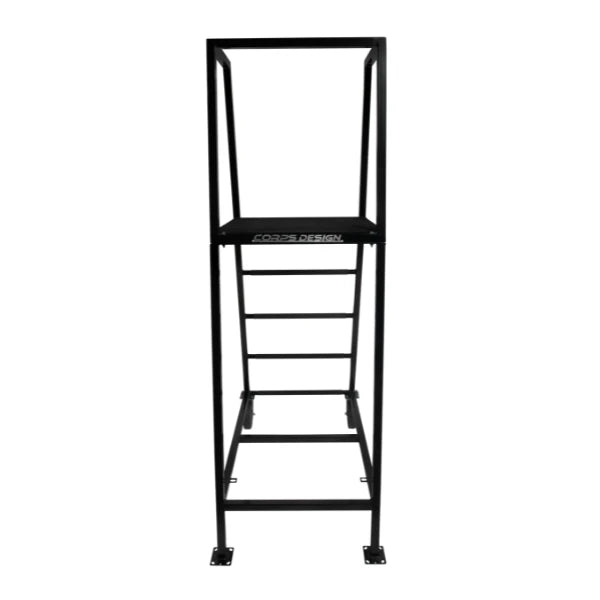 Corps Design "Elevate" Podium - 5' x 30" x 30", 2-Wheel, Black Satin Powder Coat, Safety Railing with Skid Guard - FCPOD5.2 Corps Design Logo - We Move Music