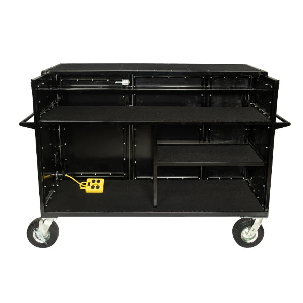 Corps Design Enclosed Synth Cart with Shock-mount 12U Rack – FCSYNTH-X12, 24” x 60” Carpeted Top Deck, Removable Lid, Custom Power Pass-throughs, 8” Super Casters – Ideal for Electronics and Amplifier Storage Corps Design Logo - We Move Music