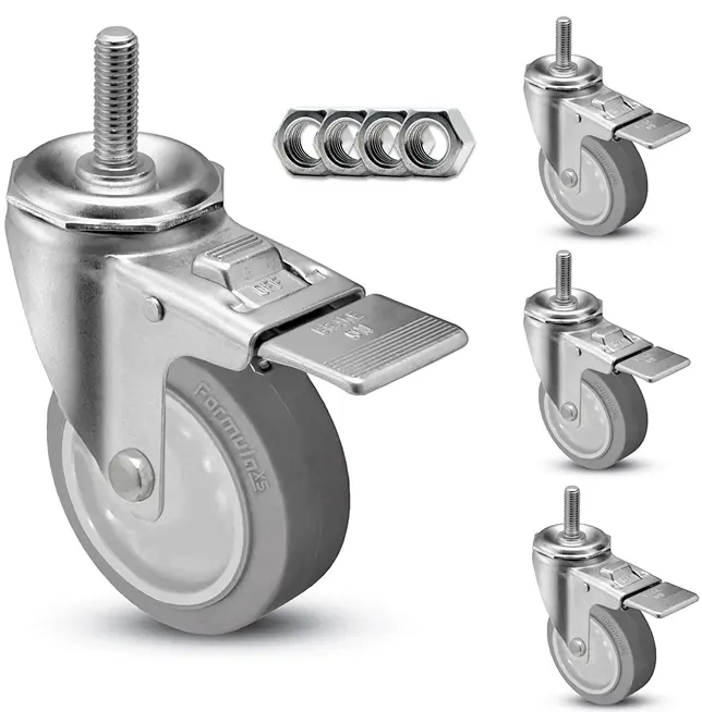 3" Swivel Caster w/ Threaded Stem (4-Pack) | Gray Rubber Wheel | Total Locking Brake | 1,200 lbs Capacity/Set -  | CasterHQ