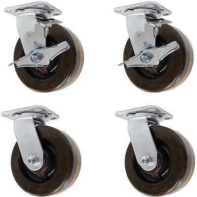 4" X 2" High Temperature Phenolic Wheel | Swivel Caster Set of 4 | 2 With Brakes | 2,400 lbs Capacity Per Set of 4 CasterHQ