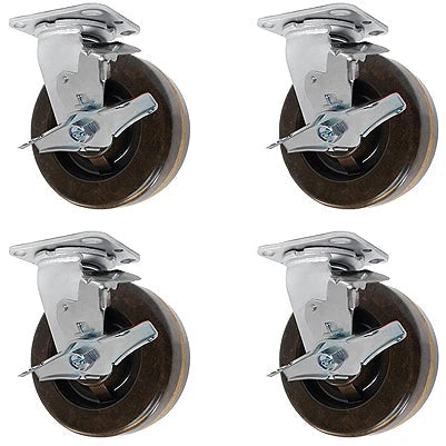 4" X 2" High Temperature Phenolic Wheel | Swivel Caster Set of 4 | 4 With Brakes | 2,400 lbs Capacity Per Set of 4 CasterHQ