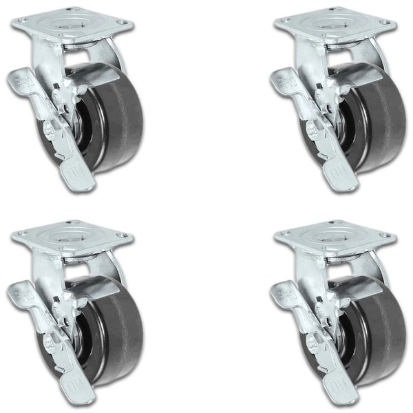 4 Inch x 2 Inch Swivel Caster Set with Brakes - 4 Pack | 3200 lbs Total Capacity | Phenolic Wheel CasterHQ