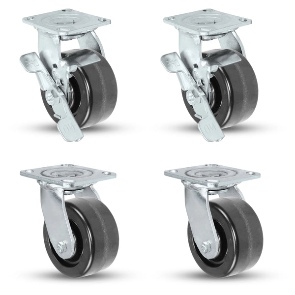 High-Capacity 5" x 2" Swivel Caster Set with Brakes | Durable Phenolic Wheels | 3,200 Lbs Load Capacity | NSF & RoHS Compliant CasterHQ