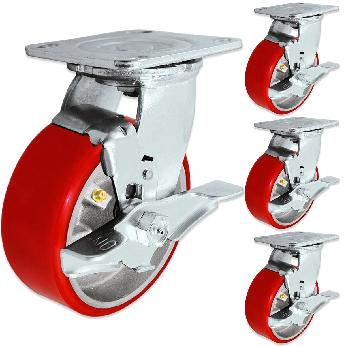 5 Inch x 2 Inch Swivel Caster Set with Brakes - 4 Pack | 4000 lbs Total Capacity | Red Polyurethane CasterHQ