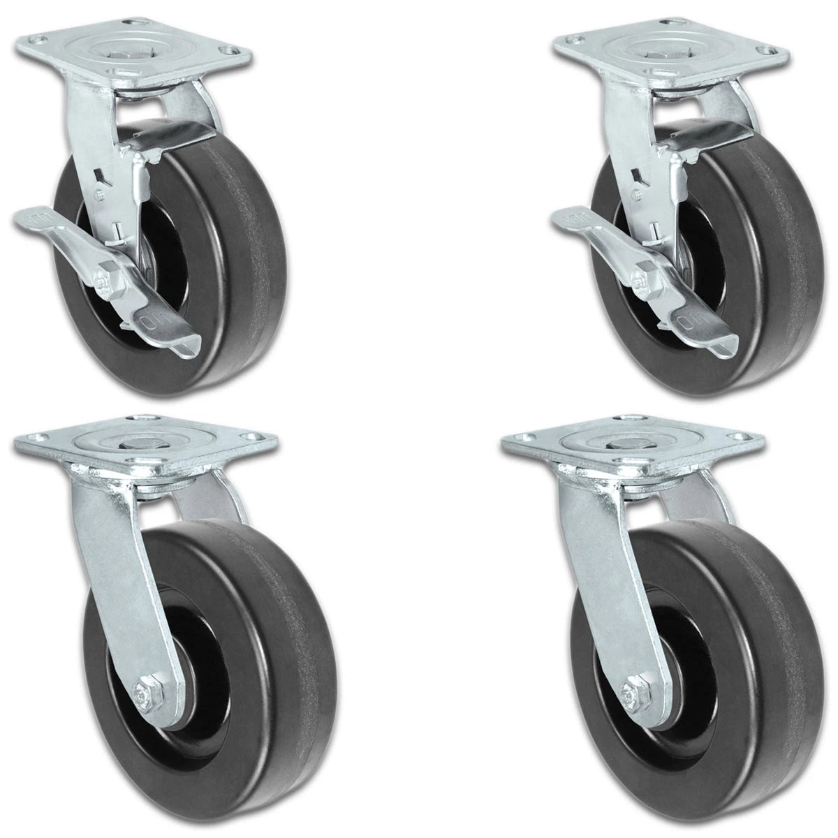 6 Inch x 2 Inch Caster Set - 4 Pack | 3600 lbs Total Capacity | 2 Swivel w/Brakes 2 Swivel Phenolic CasterHQ