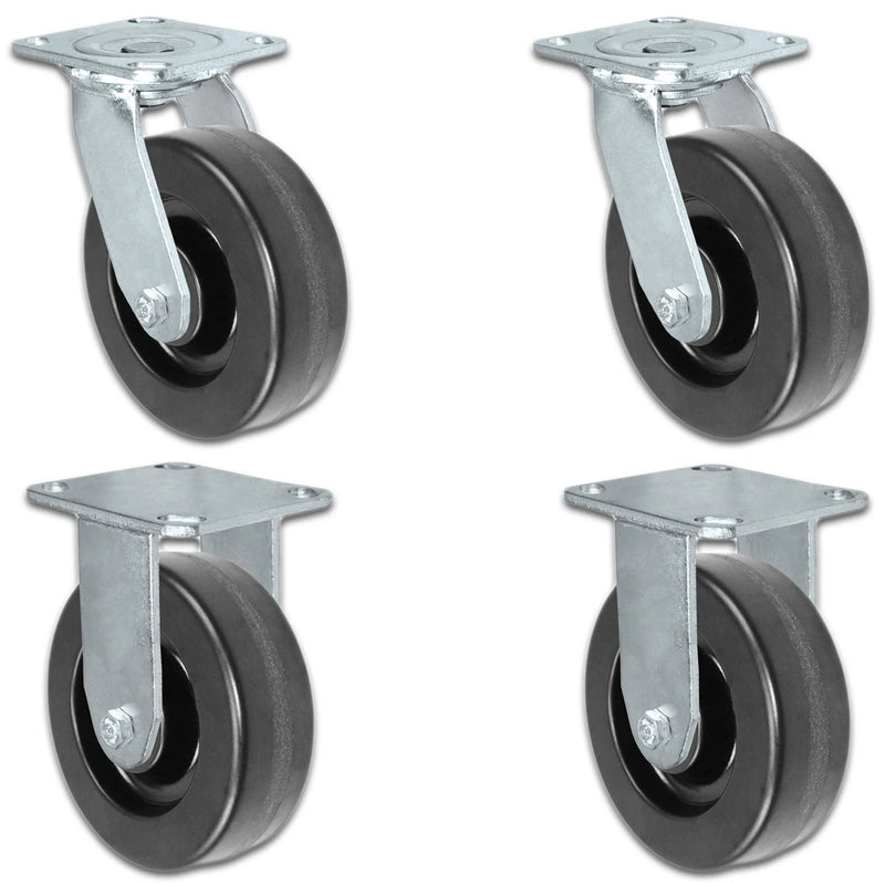 6 Inch x 2 Inch Caster Set - 4 Pack | 3600 lbs Total Capacity | 2 Swivel 2 Rigid Phenolic Wheel CasterHQ