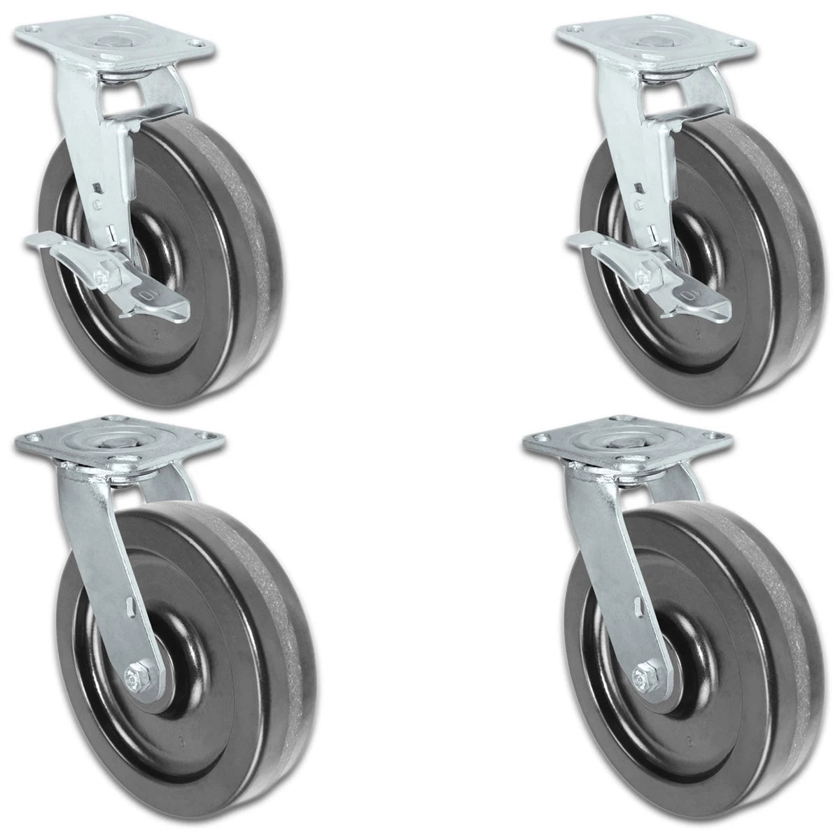 8" x 2" |  2 Swivel Casters with Brakes & 2 Swivels Set of 4 | Phenolic Wheel | 4,000 Lbs Capacity CasterHQ