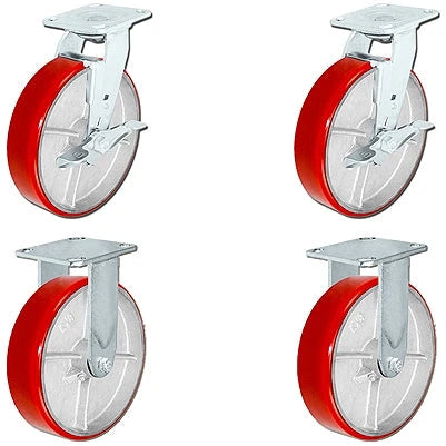 8 Inch x 2 Inch Tool Box Caster Kit - 4 Pack | 5000 lbs Total Capacity | Red Polyurethane Wheel CasterHQ