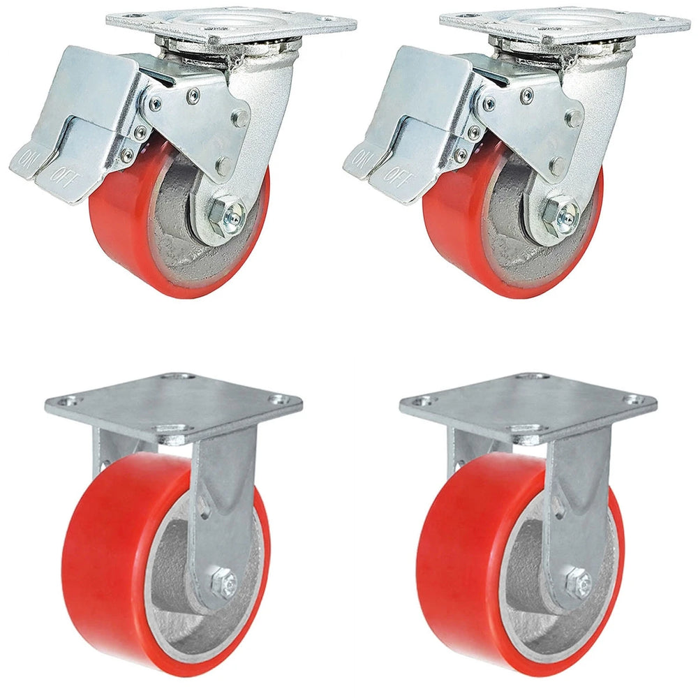 4 Inch x 2 Inch Total Lock Caster Set - 4 Pack | 2800 lbs Capacity | 2 Locking 2 Rigid Red Polyurethane CasterHQ