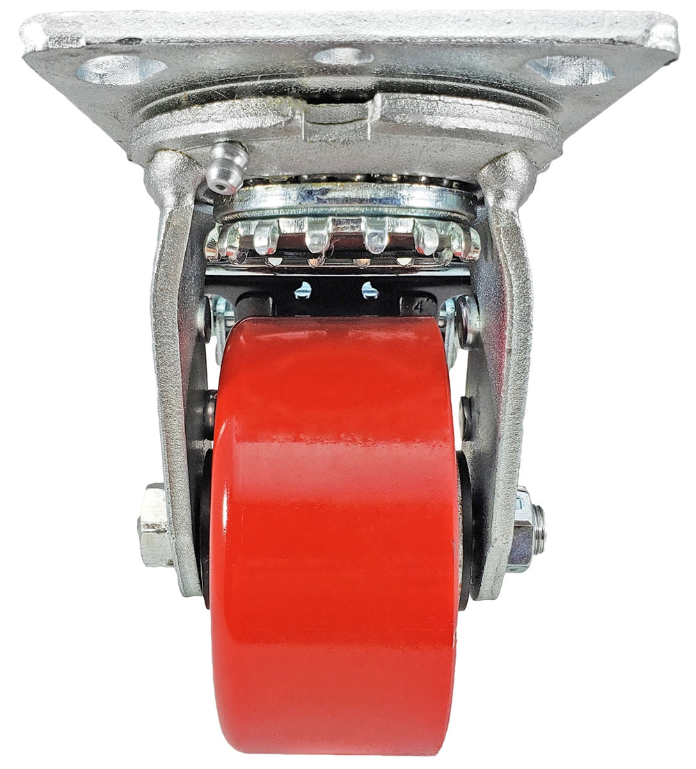 4 Inch x 2 Inch Total Lock Caster Set - 4 Pack | 2800 lbs Capacity | 2 Locking 2 Rigid Red Polyurethane CasterHQ